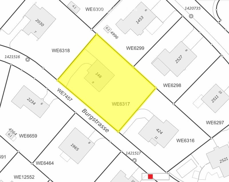 Floor plan showing a highlighted property plot labeled WE6317, surrounded by neighboring plots and streets including Burgstrasse.