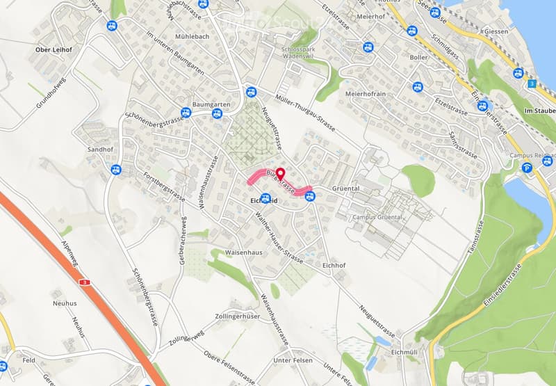 Map view of a residential area with streets, buildings, and labeled locations.