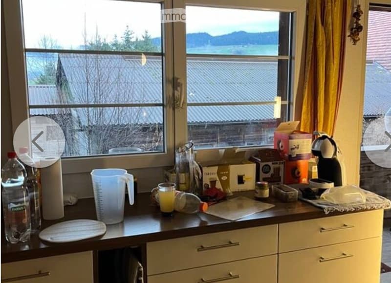 A kitchen with light-colored cabinets and a countertop cluttered with various items, including a coffee maker, a pitcher, a bottle, and a cutting board. The window offers a view of a residential area with a roof and trees.
