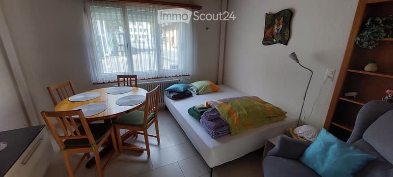 A compact, multi-functional room with a bed, sofa, dining table, and chairs. The room features a large window with sheer curtains, a built-in shelf unit, and a floor lamp.