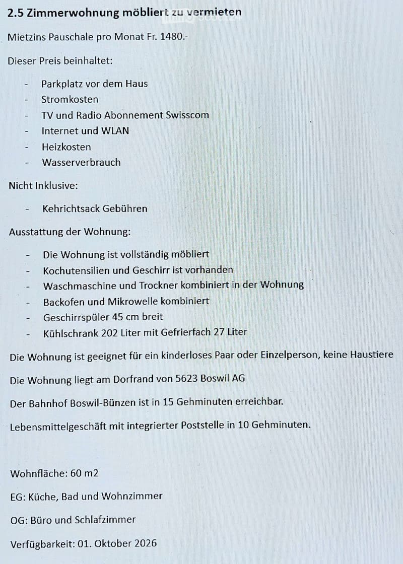 Floor plan of a 2.5-room furnished apartment with kitchen, bathroom, living room, office, and bedroom. Includes appliances: washing machine, dryer, oven, microwave, dishwasher, refrigerator. Located in Boswil AG, 60 m² total area.