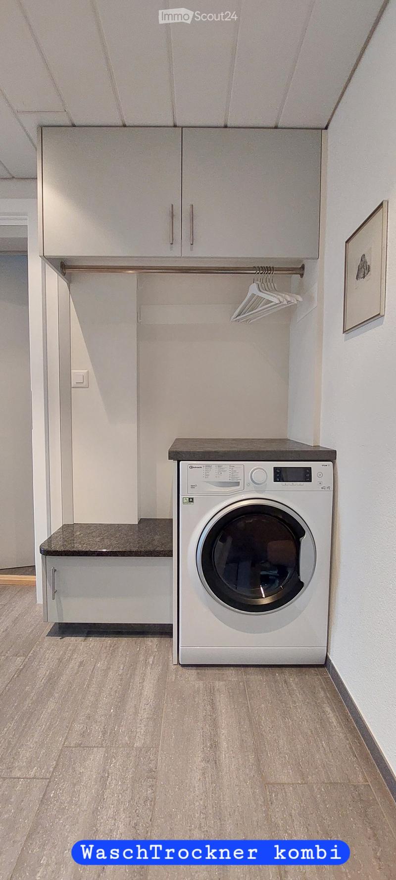 Modern bathroom with a white washing machine, built-in cabinets, and a coat rack.