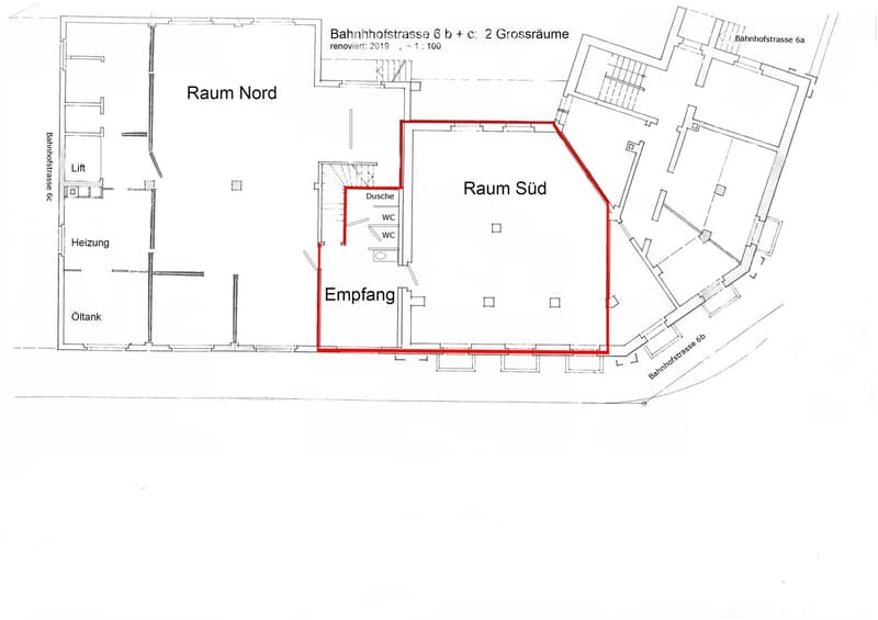 Floor plan showing Raum Nord, Raum Süd, Empfang, Dusche, WC, Heizung, Öltank, and Lift. Two large rooms labeled Raum Nord and Raum Süd, with a reception area and bathrooms.