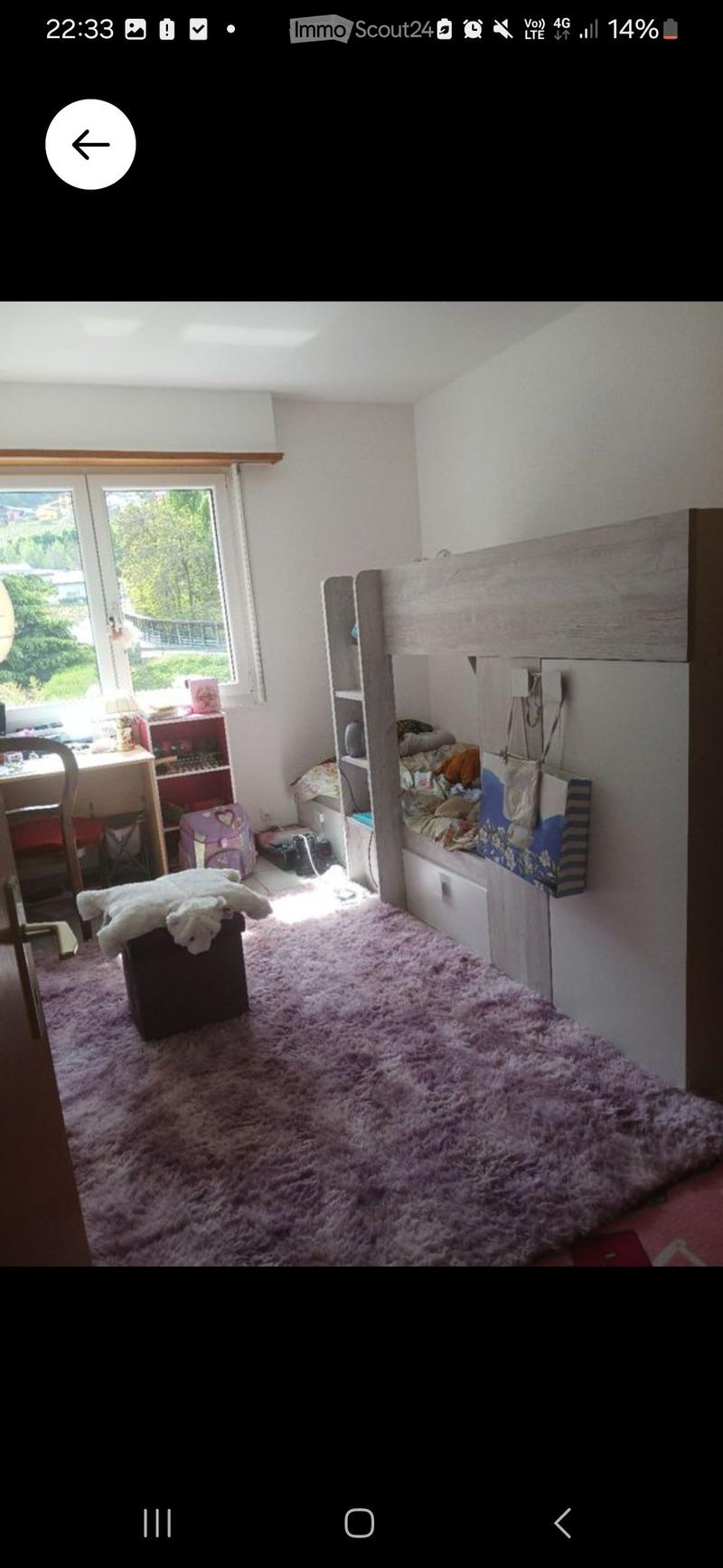 Cozy bedroom with a bed, desk, chair, shelf, and a fluffy pink rug.
