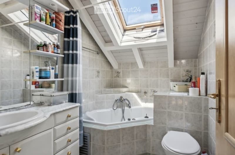Bright bathroom with a skylight, featuring a corner bathtub, a toilet, a sink with a mirror, and shelves holding toiletries.