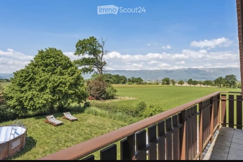 Garden with lounge chairs, small pool, and scenic mountain view.