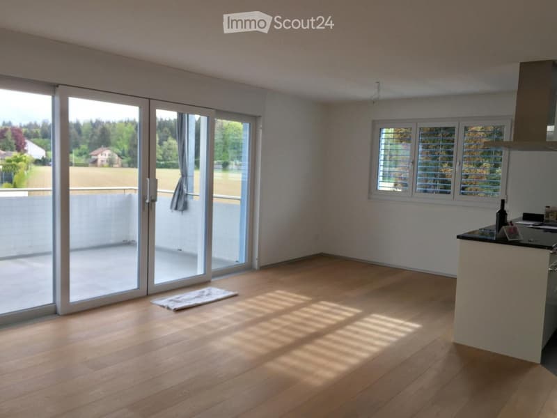 Empty room with wooden flooring, large sliding glass doors leading to a balcony, and a small kitchen counter visible on the right side.