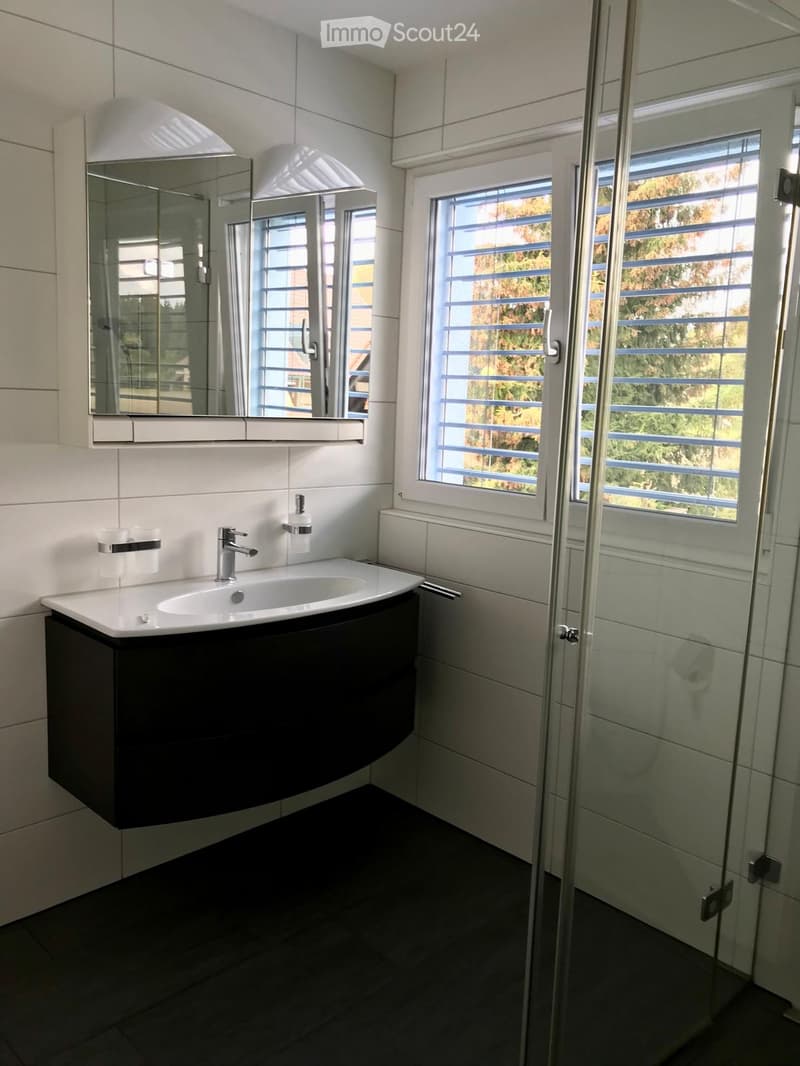 Modern bathroom with a white sink, chrome faucet, mirrored cabinet, and a glass shower enclosure. The room features dark tiled flooring and white tiled walls.