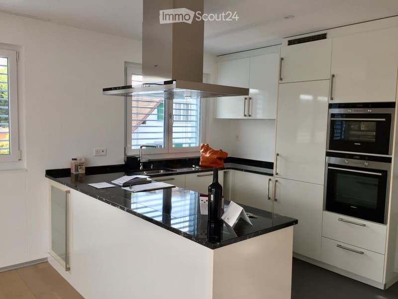 Modern kitchen with white cabinets, black countertops, stainless steel appliances, and a central island.