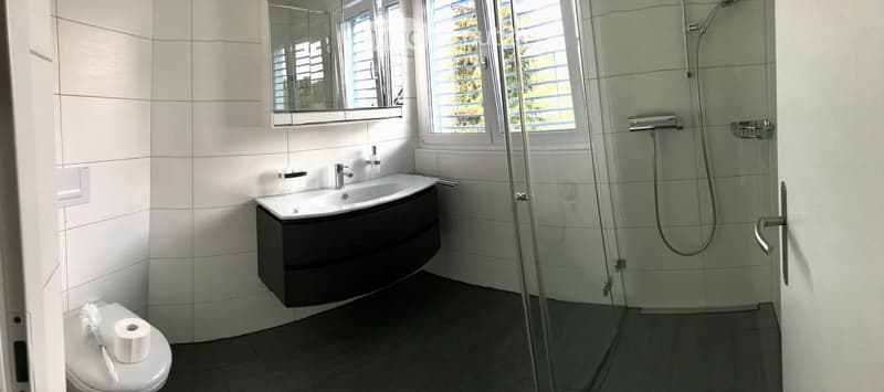 Modern bathroom with white tiles, a dark vanity, a shower with glass enclosure, and a toilet.
