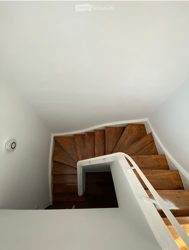 Spiral staircase with wooden steps and white railing, leading upwards in a modern interior setting.