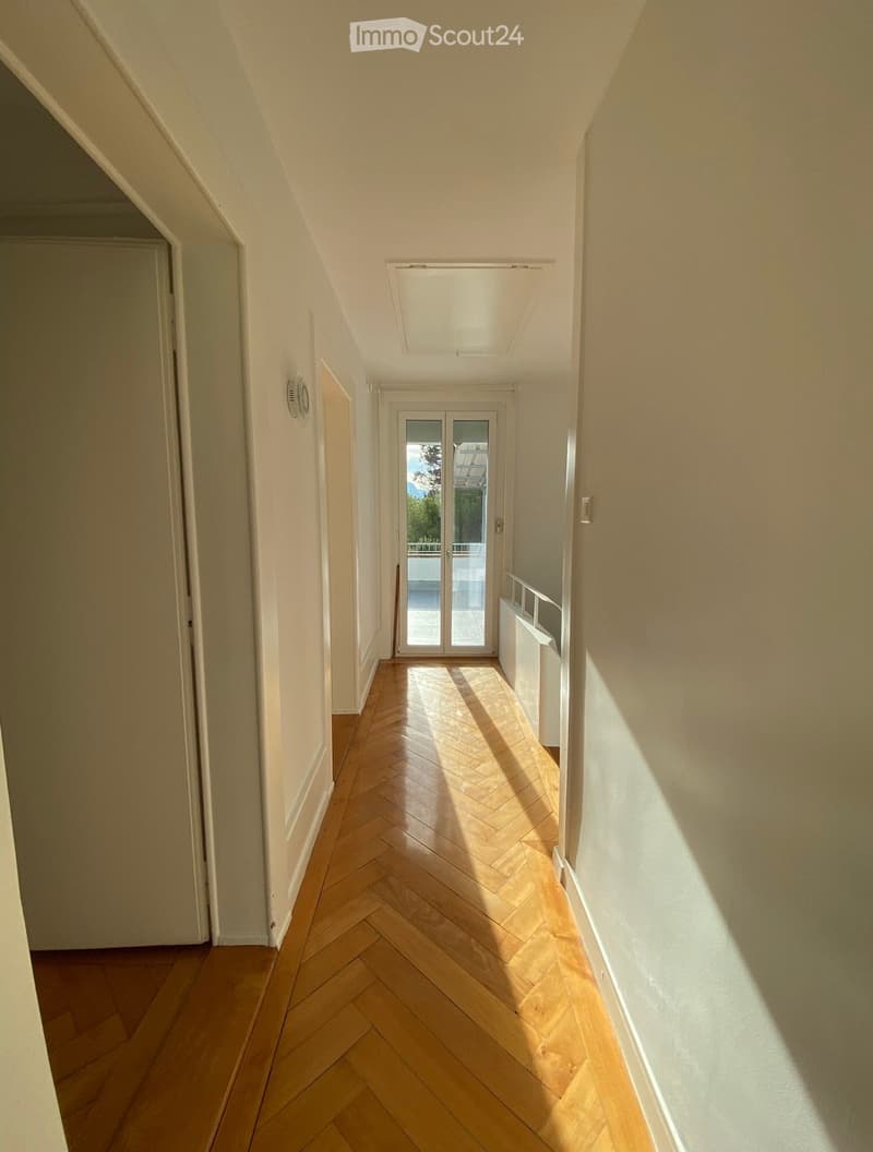 A narrow hallway with wooden herringbone flooring, white walls, and a skylight at the top. A glass door at the end leads to an outdoor area.