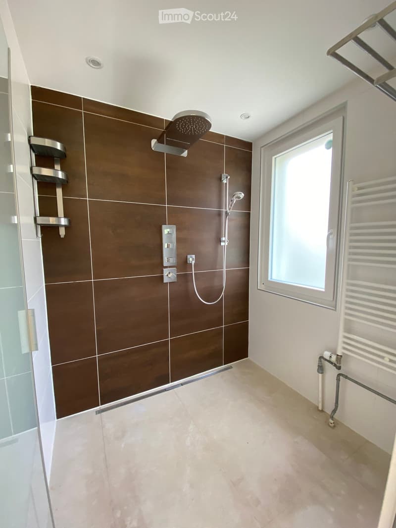 Modern bathroom with brown tiled walls, a large showerhead, a towel rack, and a radiator. The floor is tiled in a light beige color, and there is a window providing natural light.