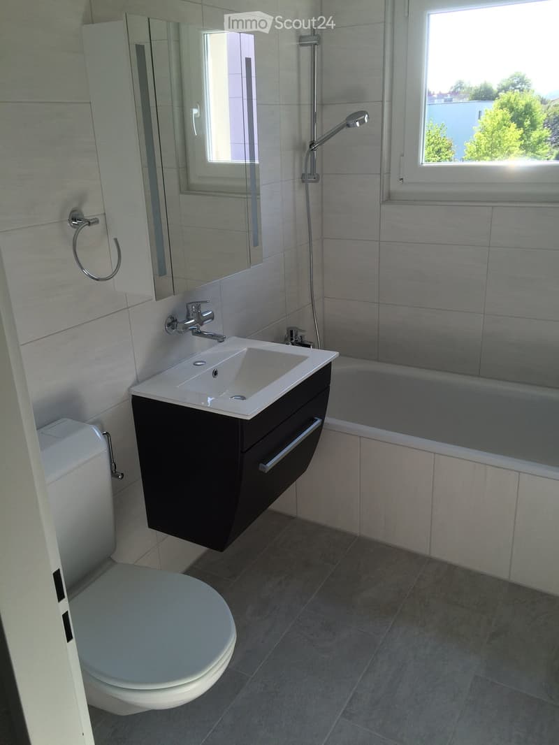 Modern bathroom with a white toilet, black vanity with a sink, a large mirror, and a bathtub. The walls are tiled in light gray, and the floor is covered with dark gray tiles.