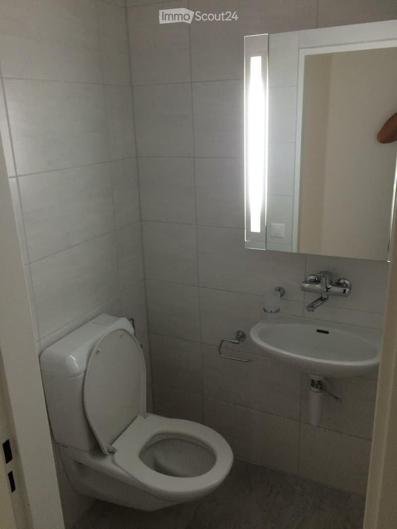Small bathroom with white tiled walls, a toilet, a sink with a mirror above it, and a faucet.