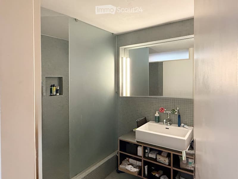 Modern bathroom with a white sink, large mirror, and a glass-enclosed shower. The sink has a sleek faucet and is placed on a wooden cabinet with shelves holding various toiletries.
