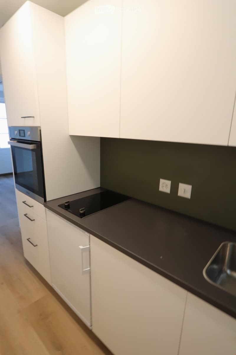 Modern kitchen with white cabinets, dark countertops, an induction cooktop, and a stainless steel oven and sink.