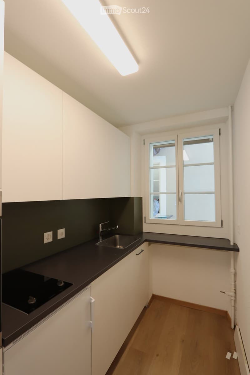 Modern kitchen with white cabinets, dark countertop, stainless steel sink, and a window with double panes.
