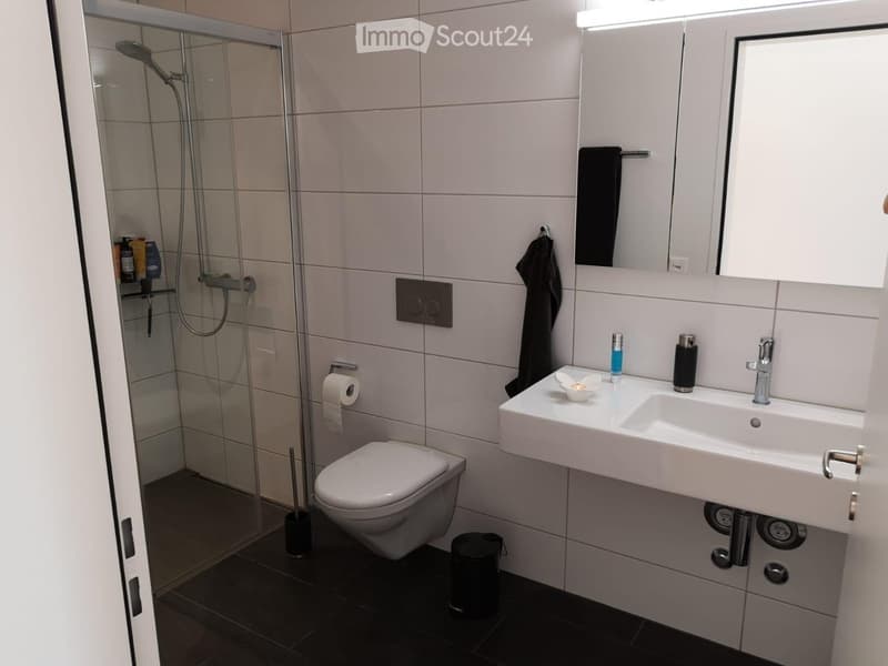 Modern bathroom with white tiles, a toilet, a sink with a mirror, a shower, and a towel hanging on the wall.