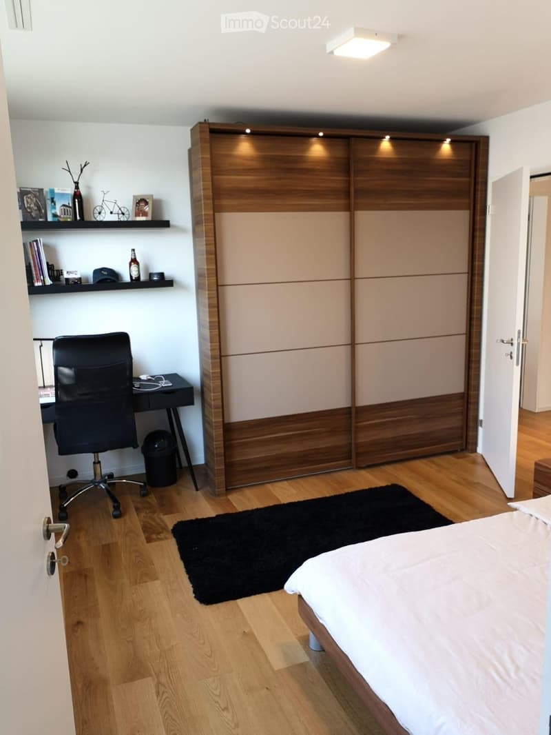 Modern bedroom with a large bed, a black rug, a wooden wardrobe, a desk with a chair, and a bookshelf with decorative items.