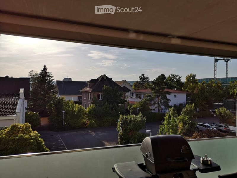 Balcony with a grill, overlooking a residential area with houses, trees, and a parking lot.