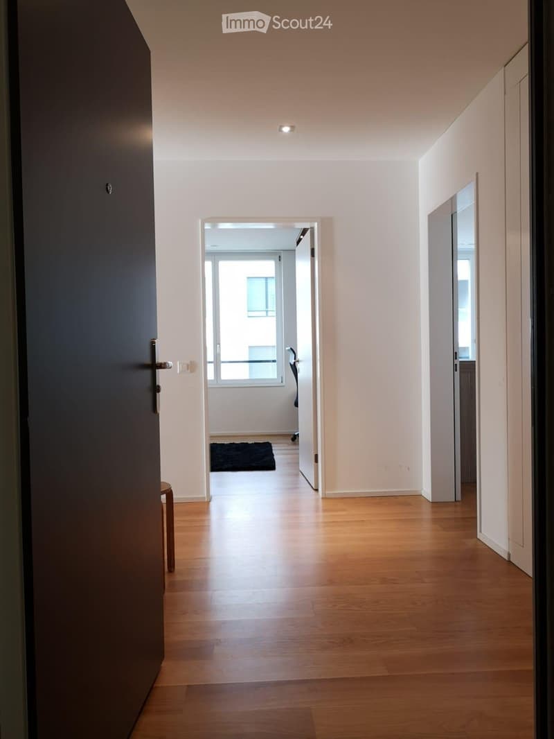 A clean, modern hallway with light wooden flooring, white walls, and recessed ceiling lighting. A small black rug is visible in the adjacent room, and a door is open to reveal a glimpse of another space.