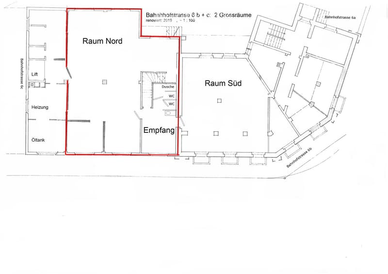 Floor plan showing Raum Nord, Raum Süd, Empfang, Dusche, WC, and two large rooms labeled 'Bahnhofstrasse 6 b + c: 2 Grossräume' renovated in 2019.