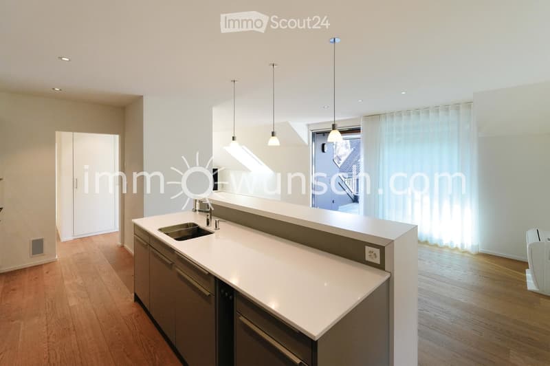 Modern kitchen with white countertops, wooden flooring, and built-in cabinets. Features a sink, faucet, and a dishwasher.