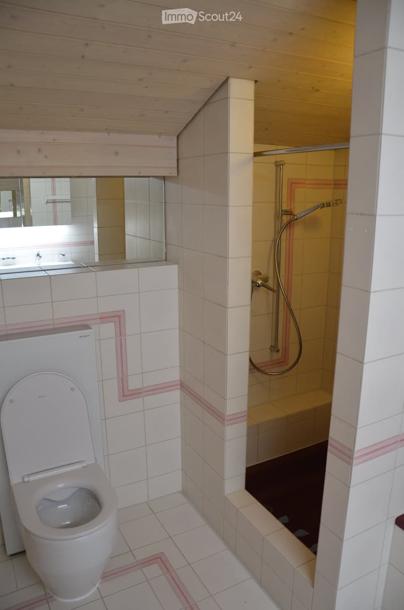 Modern bathroom with white tiled walls, a toilet, a shower area with a glass enclosure, and a mirror above the sink.