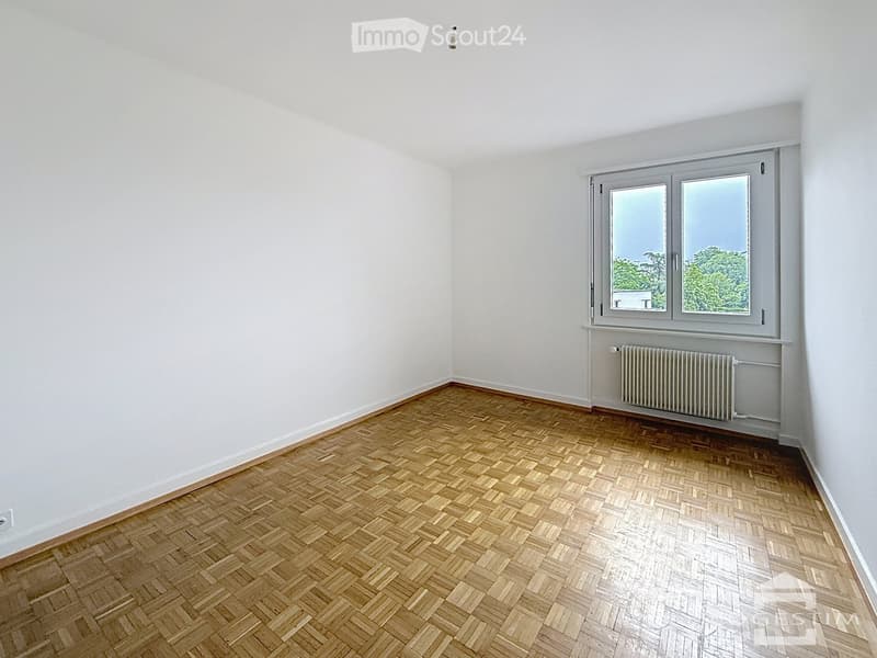 Empty room with white walls, wooden herringbone floor, large window with view, radiator below window, and a small light fixture on the ceiling.