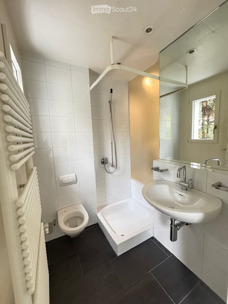 Modern bathroom with white tiles, black floor, toilet, sink, shower, and radiator.