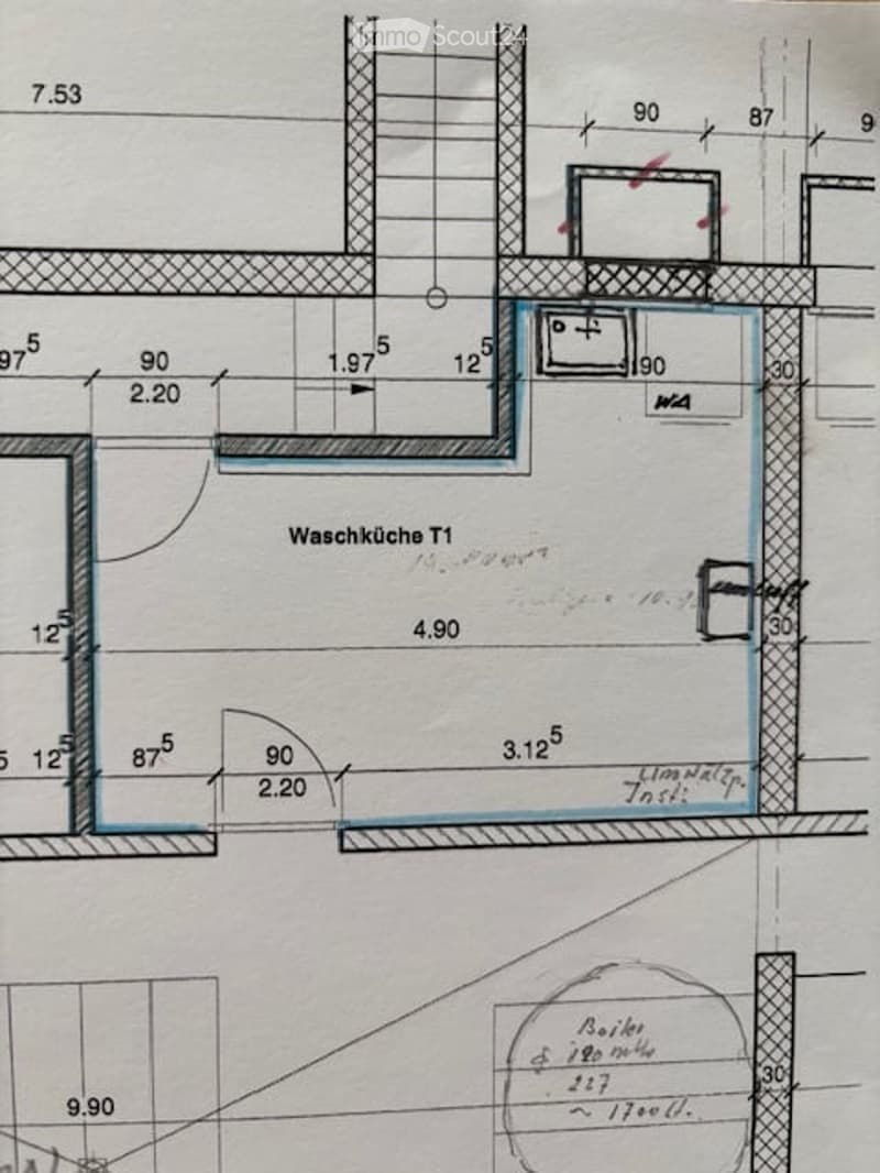 Floor plan showing a wash kitchen (Waschkücche T1) and a toilet (WC) with dimensions and layout details.