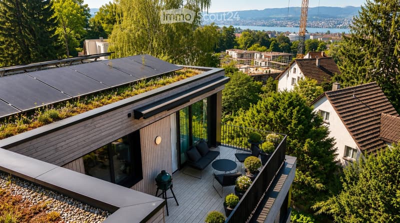 A modern rooftop terrace with a wooden deck, black sofa, small table, chairs, potted plants, and a grill, surrounded by greenery and overlooking a scenic cityscape.