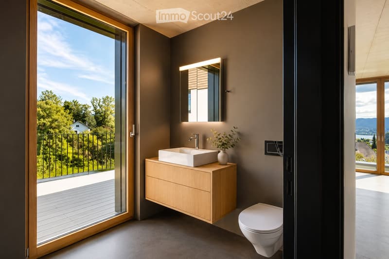 Modern bathroom with a floating wooden sink cabinet, sleek white sink, chrome faucet, large mirror with built-in lighting, and a toilet. Large windows offer a scenic view of greenery and mountains.