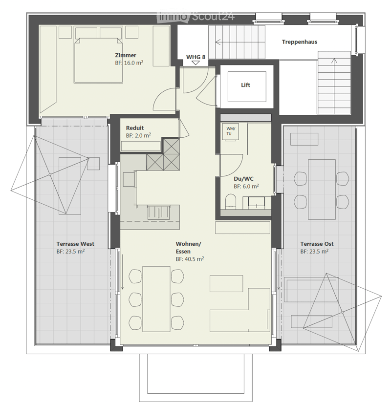 Floor plan showing a room layout with a bedroom, living/dining area, bathroom, and two terraces.