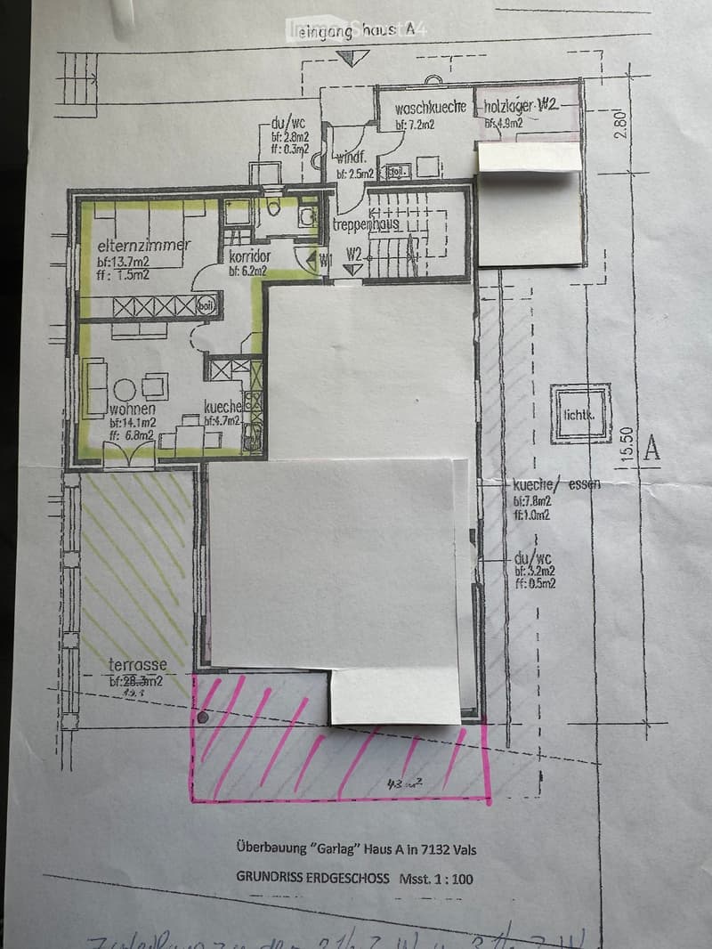 Ground floor plan of house A in Vals, showing living room, kitchen, bedroom, bathroom, hallway, and terrace.