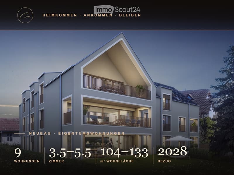 Modern multi-story residential building with balconies, large windows, and contemporary design. Features include solar panels on the roof and a well-lit entrance area.