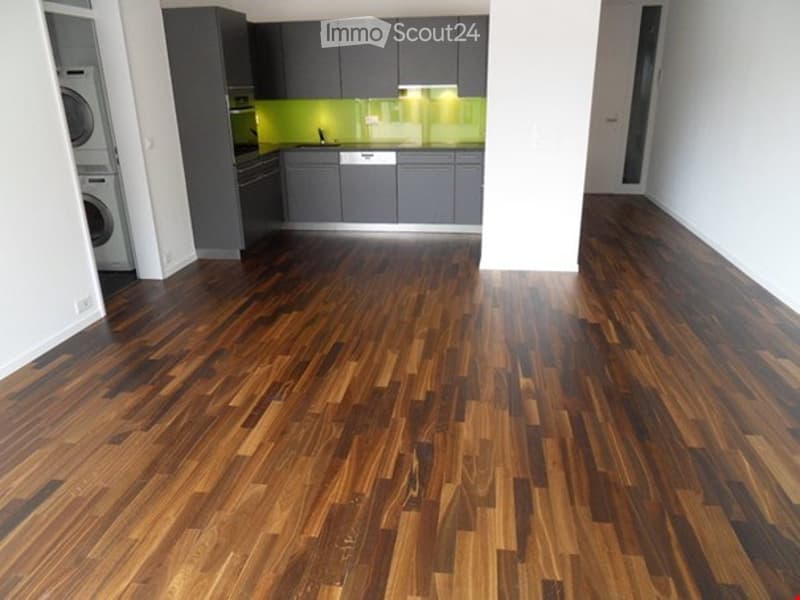 wooden floor, gray cabinets, green kitchen backsplash, dishwasher, laundry machines