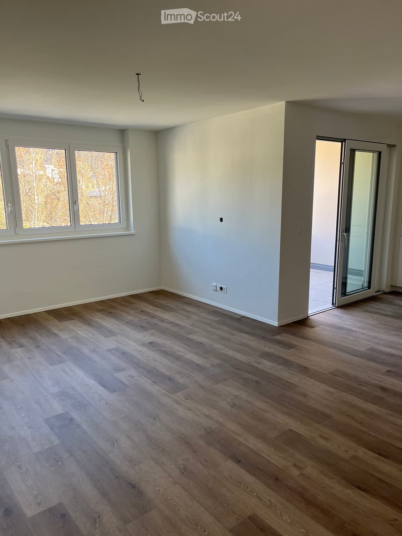 empty room, wooden floor, white walls, large window, sliding door