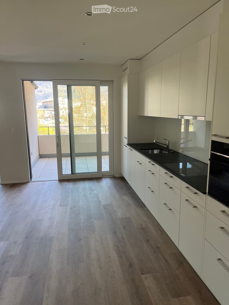 modern kitchen with wooden floor, white cabinets, black countertops, stainless steel sink, faucet, sliding glass doors to balcony, large windows