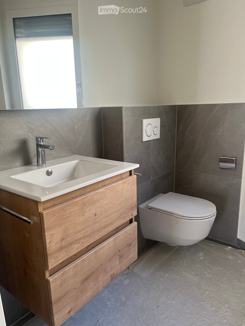 Bathroom with a white sink, wooden cabinet, white toilet, and gray tiles
