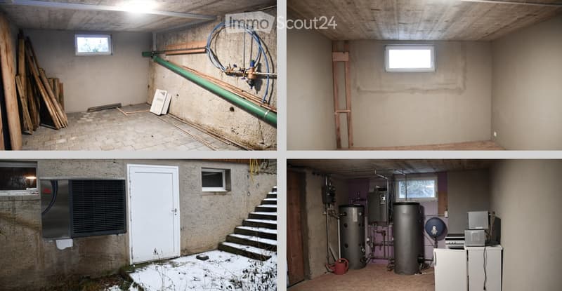 Four images show an unfinished basement space with exposed concrete walls, pipes, and minimal furnishings. The first image shows a utility area with pipes, a window, and some stored items. The second image shows an empty room with a window and exposed woo