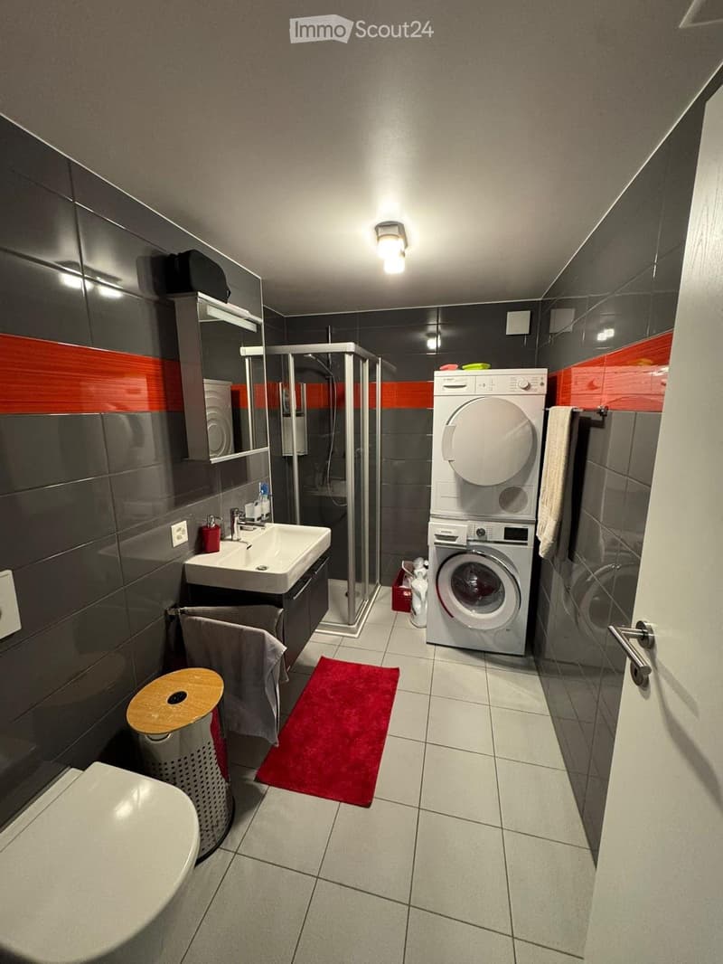 Modern bathroom with dark grey tiles, a white sink, toilet, washing machine, and a glass-enclosed shower stall. Features include a red bath mat, a small wooden stool, and a towel hanging on a rack.
