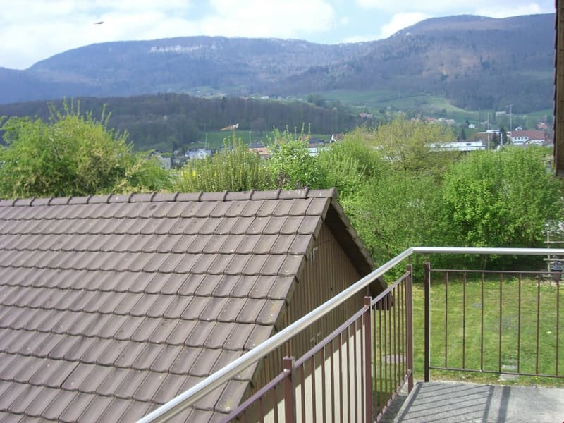 Balcony overlooking a scenic valley with a wooden shed and distant mountains.