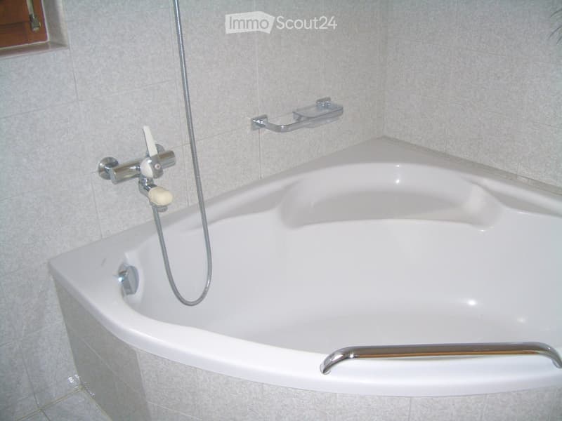 Bathtub with modern faucet and handheld shower hose, handrails on both sides for safety.