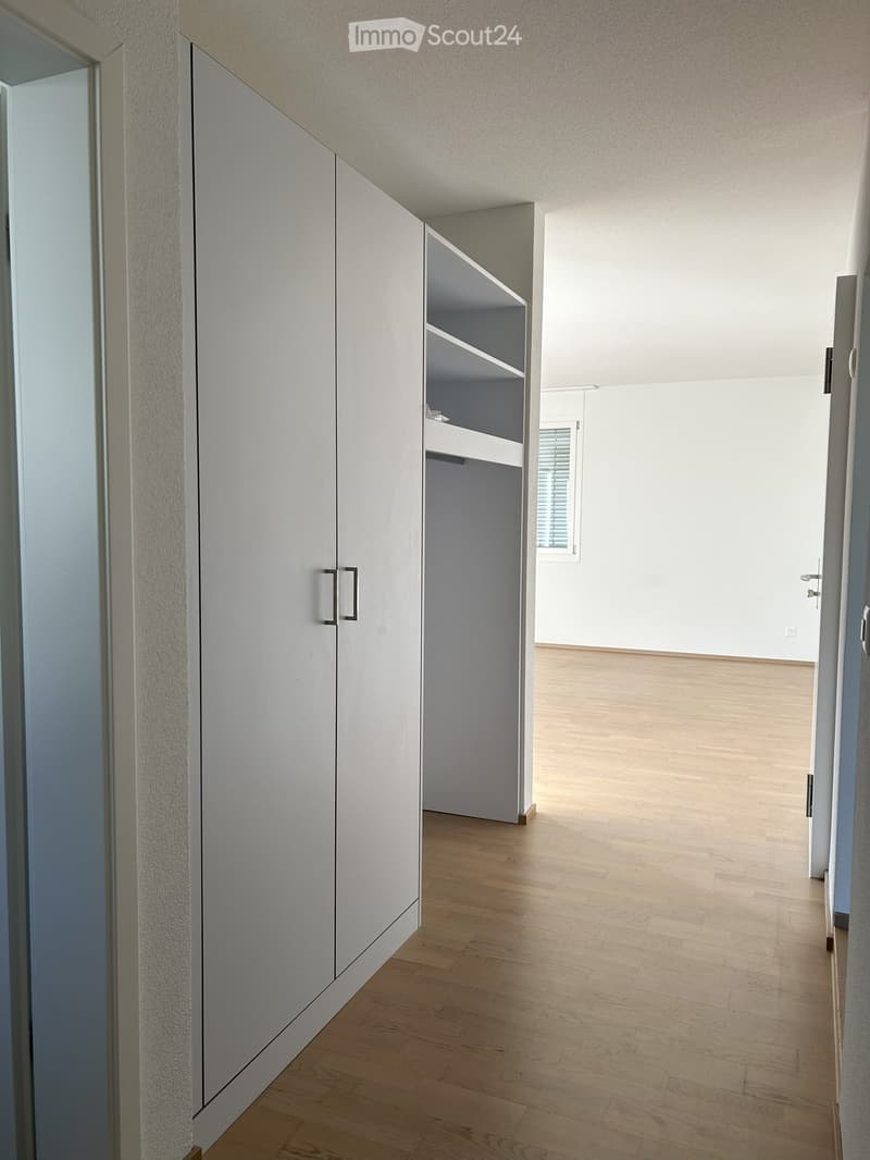 Unfurnished Room. Empty hallway with light wooden flooring, white walls, and built-in closet with open shelving. No furniture or personal items visible.