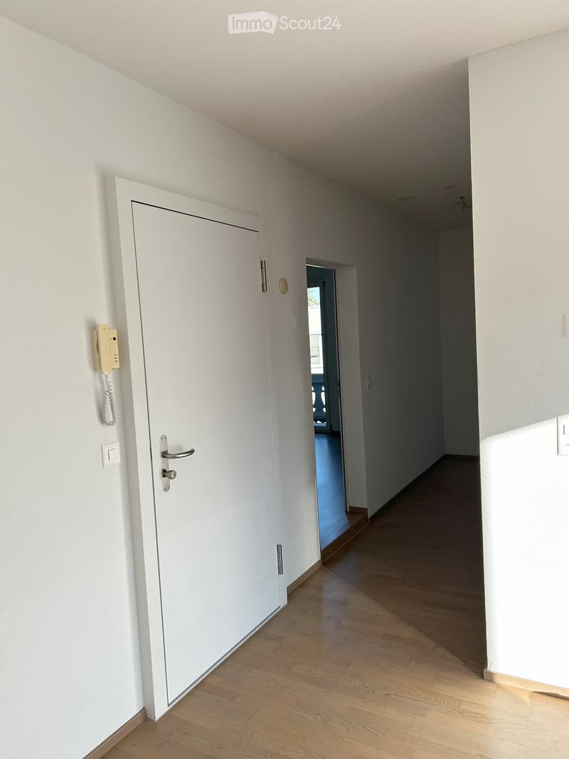 Corridor / Hallway. Empty hallway with wooden flooring, white walls, and a closed white door on the left. A small intercom system is mounted on the wall near the door.