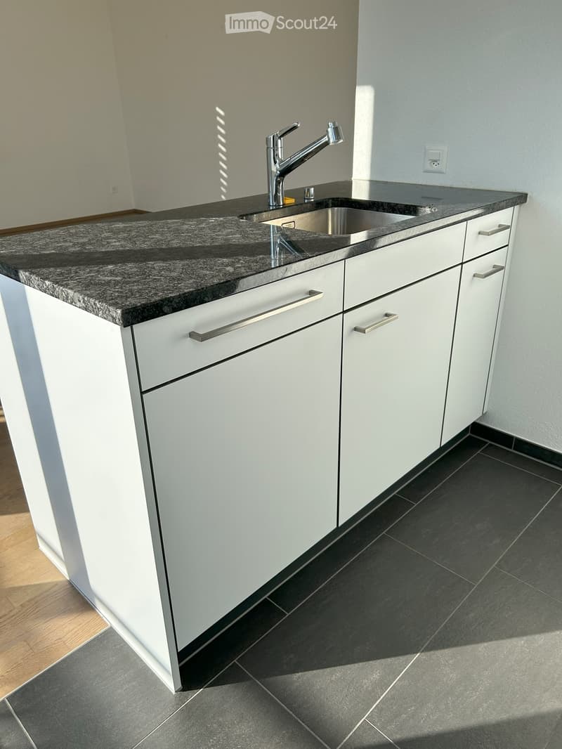Kitchen. Modern kitchen with white cabinets, granite countertop, and stainless steel sink and faucet.