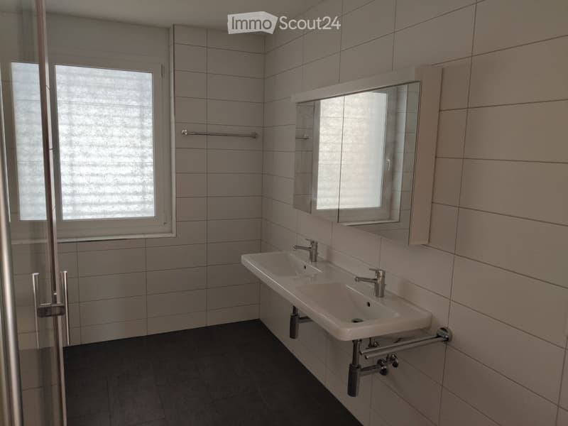 Modern bathroom with two sinks, a mirror, and a towel rack. The walls are tiled, and the floor is dark.