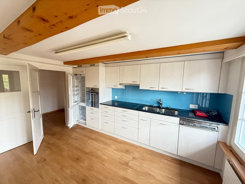 Modern kitchen with white cabinets, wooden flooring, stainless steel appliances, and a blue backsplash.